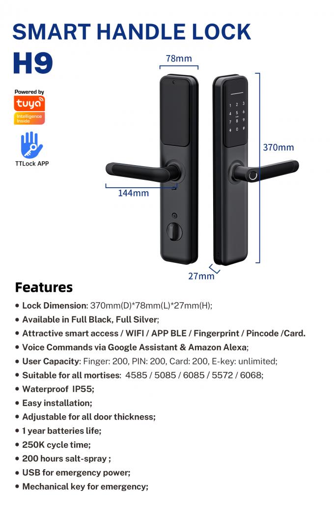Tuya WiFi Smart Electric Digital Door Lock أقفال أبواب مقاومة للماء ببصمة الإصبع 6